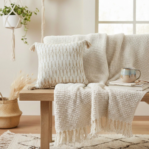 20" Beige And White Geometric Cotton Blend Throw Pillow Cover with Tassels And Texture