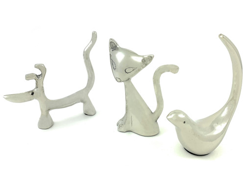 Set of Three Silver Metal Bird, Cat, Dog Tabletop Sculpture