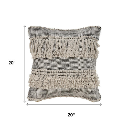 20" Beige And Black Striped Cotton Throw Pillow Cover with Fringe And Texture