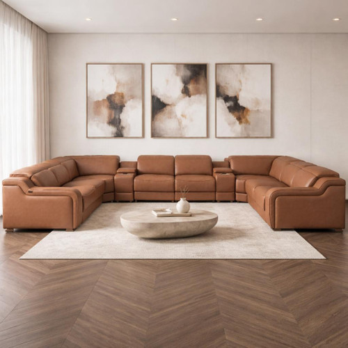 Chestnut Italian Leather Power Reclining U Shaped Ten Piece Corner Sectional With Console