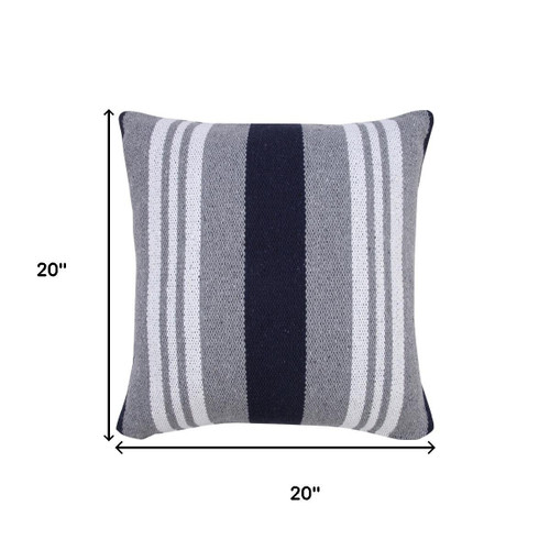 20" Gray And Blue Striped Cotton Throw Pillow Cover