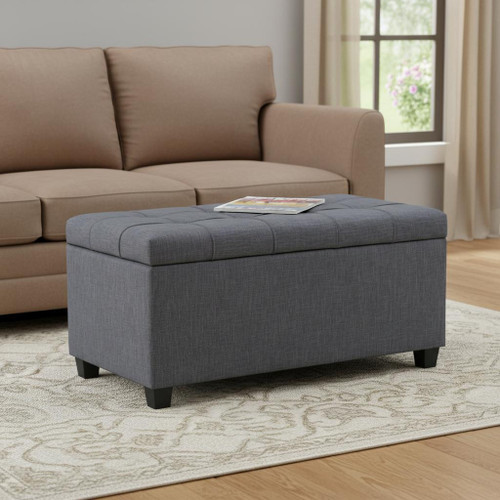 33" Slate Gray and Espresso Tufted Faux Linen and Solid Wood Upholstered Storage Bench With Flip Top
