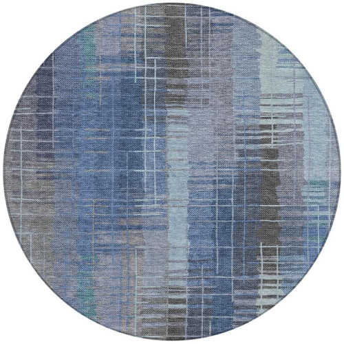 8' Denim Blue And Sky Blue Round Striped Washable Indoor Outdoor Area Rug