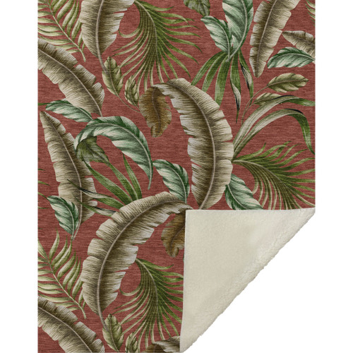 50" X 70" Rust Green And Beige Leaves Microfiber Plush Throw Blanket