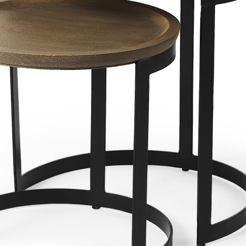 Set of Two Brown and Black Solid Wood and Iron Round Nested Tables