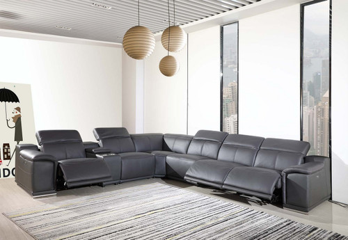 Gray Italian Leather Power Reclining U Shaped Seven Piece Corner Sectional With Console