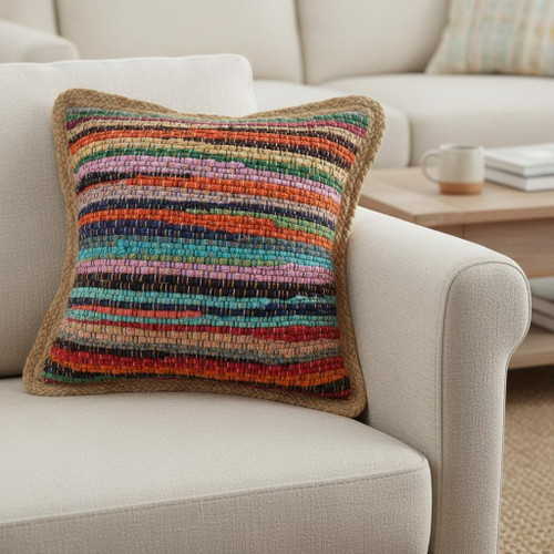 20" Tan Pink Blue And Orange Beach Striped Cotton Blend Throw Pillow Cover with Texture