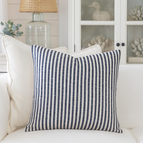 Set of Four 22" Blue And White Striped Cotton Throw Pillows