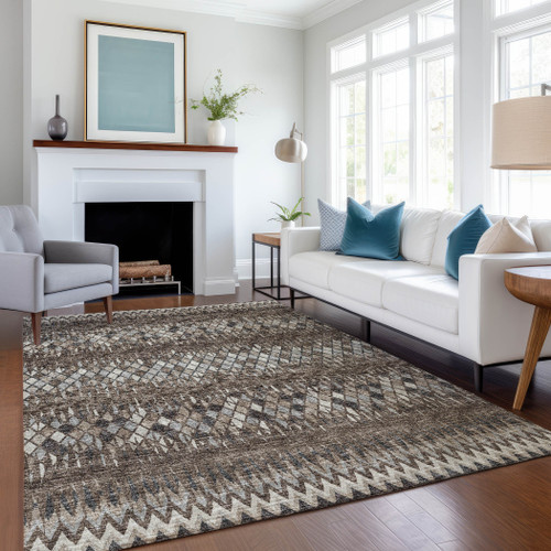 10' X 14' Brown And Ivory Ikat Washable Indoor Outdoor Area Rug