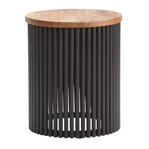 21" Natural Natural and Black Solid Wood and Iron Round Drum End Table