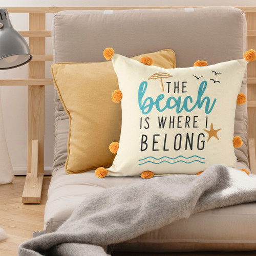 20" Blue Orange And Off White The Beach Is Where I Belong Beach Nautical Throw Pillow Cover with Pompoms
