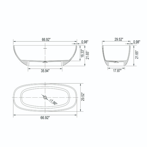 67" White Acrylic Oval Bath Tub