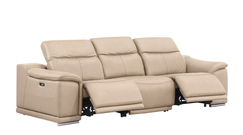 107" Beige Top Grain Leather Reclining USB Sofa