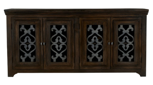76" Brown Distressed Solid Wood Sideboard Soft Close with Four Glass Doors