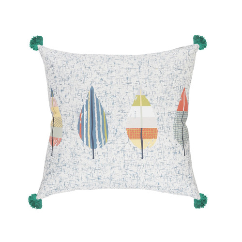 20" Teal Blue And Off White Floral Throw Pillow Cover with Tassels