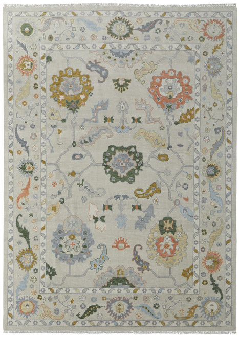 6' X 9' Gray Ivory and Gold Wool Floral Hand Knotted Area Rug With Fringe
