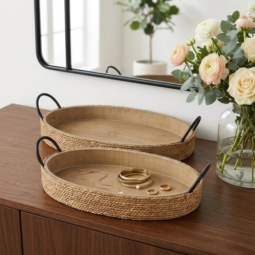 Set of Two Brown Jute Hand Finished Oval Vanity Tray With Handles