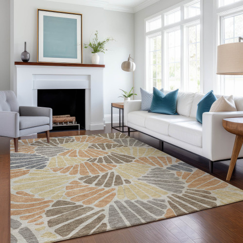 8' X 10' Copper Gold And Brown Floral Washable Indoor Outdoor Area Rug