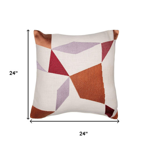 24" Ivory Brown And Red Geometric Cotton Blend Throw Pillow Cover