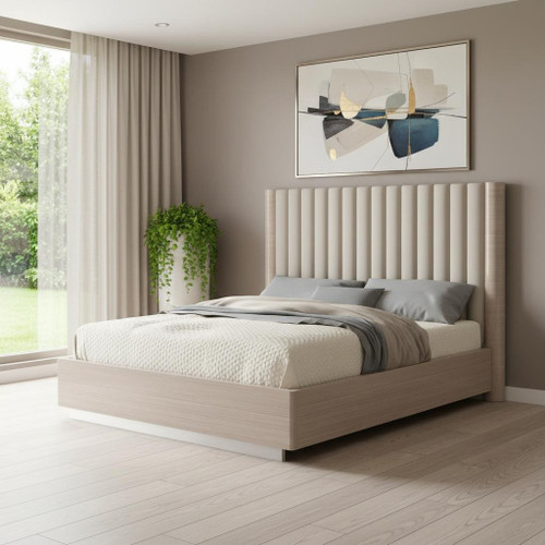 Beige Ribbed Texture Wood And Tufted Linen Blend Upholstered Queen Bed Frame