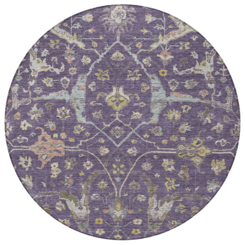 8' Eggplant Beige And Gold Round Floral Washable Indoor Outdoor Area Rug