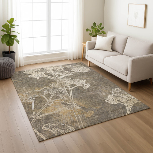 10' X 14' Khaki And Beige Floral Washable Indoor Outdoor Area Rug