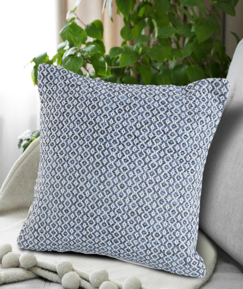 18" Blue And White Geometric Cotton Throw Pillow Cover