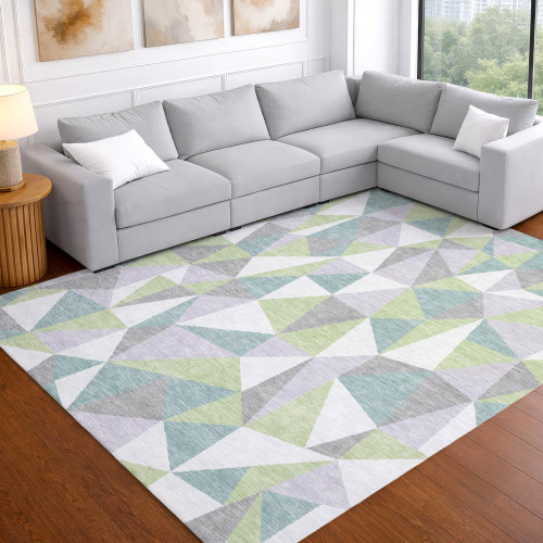 9' X 12' Mint Green And Green Geometric Washable Indoor Outdoor Area Rug