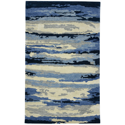 5' X 8' Navy Blue Ivory And Gray Wool Abstract Hand Tufted Area Rug