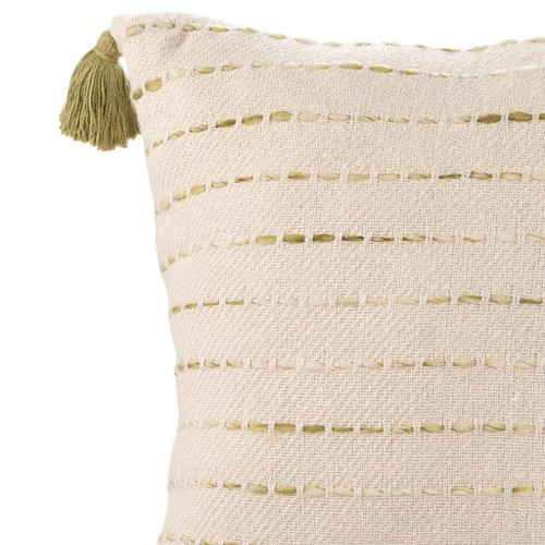 20" Green And Ivory Striped Cotton Blend Throw Pillow Cover with Tassels