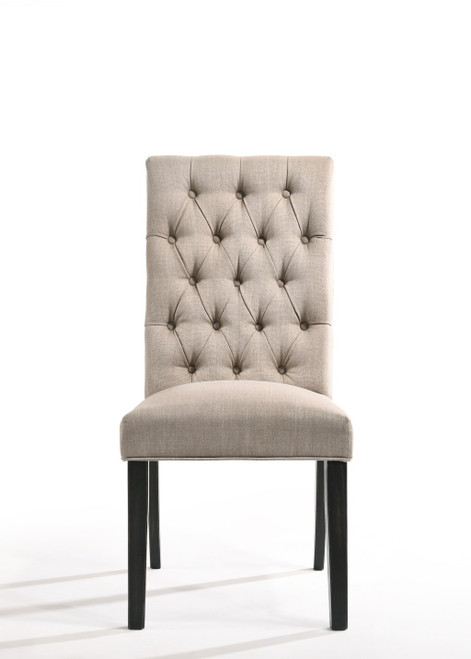 Set of Two Tan and Black Tufted Linen Open Back Dining Side Chairs