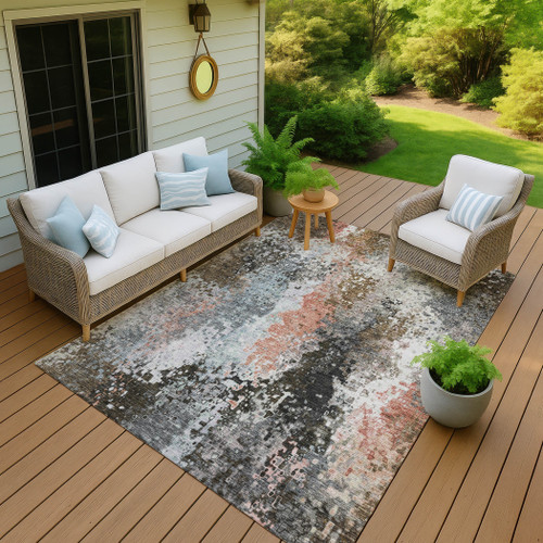 8' X 10' Granite Gray Ivory And Coral Abstract Washable Indoor Outdoor Area Rug
