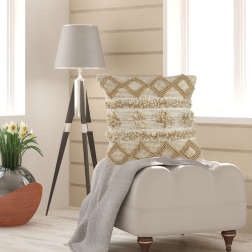 20" Beige And White Diamond Throw Pillow Cover with Tufts And Texture
