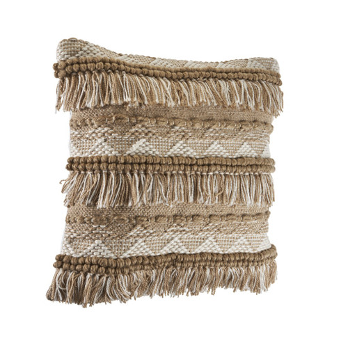 20" Beige And White Striped Throw Pillow Cover with Fringe And Texture