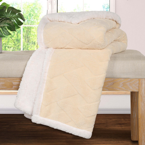 Queen Cream Geometric Fleece Woven Plush Blanket