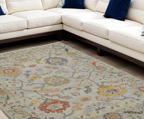 6' X 9' Gray Red and Yellow Wool Oriental Hand Knotted Area Rug With Fringe