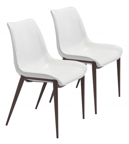 Set of Two White and Brown Upholstered Faux Leather Dining Side Chairs