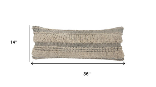 14" X 36" Beige And Black Lumbar Striped Cotton Throw Pillow Cover with Fringe And Texture