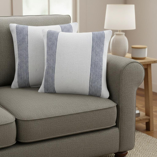 Set of Two 20" Blue And White Striped Cotton Throw Pillows