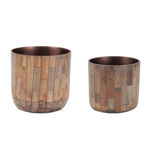 Set of Two Brown Wood 1 Ounce Round Pot Planters