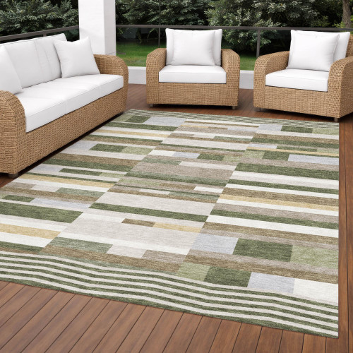 9' X 12' Olive Green And Green Striped Washable Indoor Outdoor Area Rug