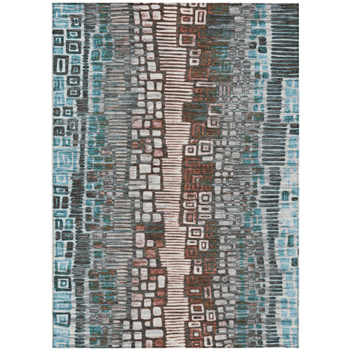 5' X 8' Teal Blue Ivory And Brown Geometric Washable Indoor Outdoor Area Rug