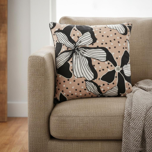 20" Beige And Black Floral Throw Pillow Cover
