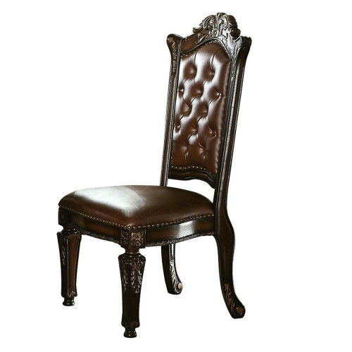 Set of Two Dark Brown and Mahogany Tufted Faux Leather Dining Side Chairs