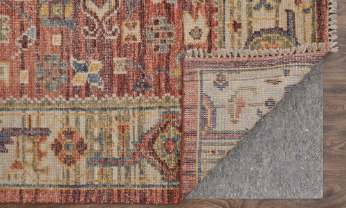 8' X 10' Ivory Red and Gold Wool Oriental Hand Knotted Area Rug With Fringe
