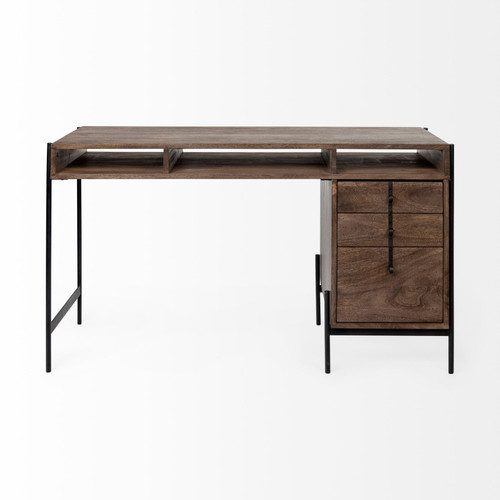 56" Medium Brown Wooden Writing Desk With 3 Drawers And 3 Open Shelves