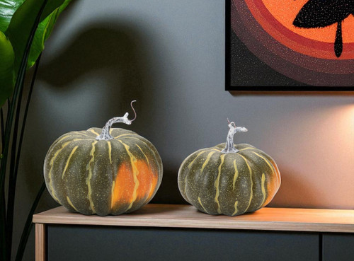 Set of Two Green And Orange Plastic Pumpkin Thanksgiving Pumpkin Tabletop Sculpture
