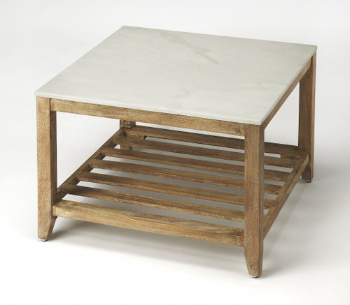24" Off White and Brown Genuine Marble and Wood Square Coffee Table With Shelf