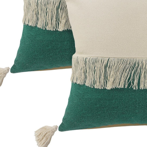 Set of Two 20" Green And Off White Color Block Cotton Throw Pillows
