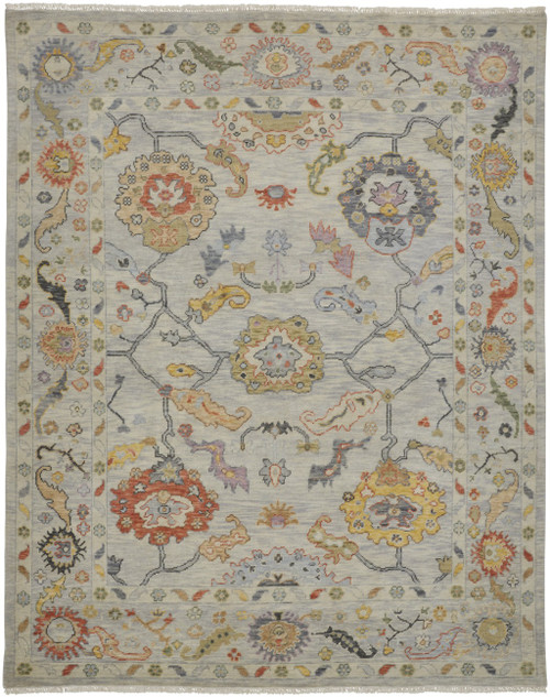 9' X 13' Gray Red and Yellow Wool Oriental Hand Knotted Area Rug With Fringe